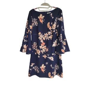 Women's Eliza J Navy & Pink Floral Knee Length Dress w/ Bell Sleeves | Size 8